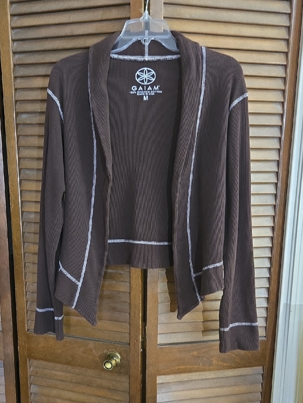 GAIAM Chocolate Brown Open-Front Ribbed Cardigan with Contrast Stitch